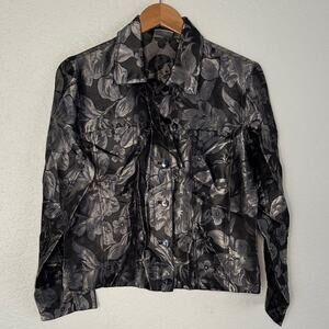 Chico's Black and Silver Floral Satin Jean Jacket